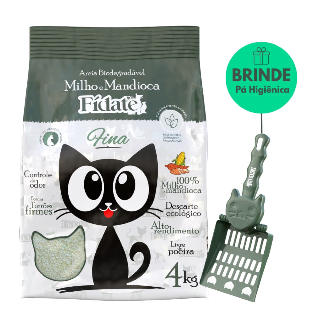 Areia Para Gatos Biodegradável Fídate 4kg Milho e Mandioca Grãos Finos + Brinde Pá Higiênica