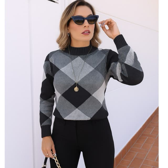 Blusa  Suéter Tricot estampa xadrez
