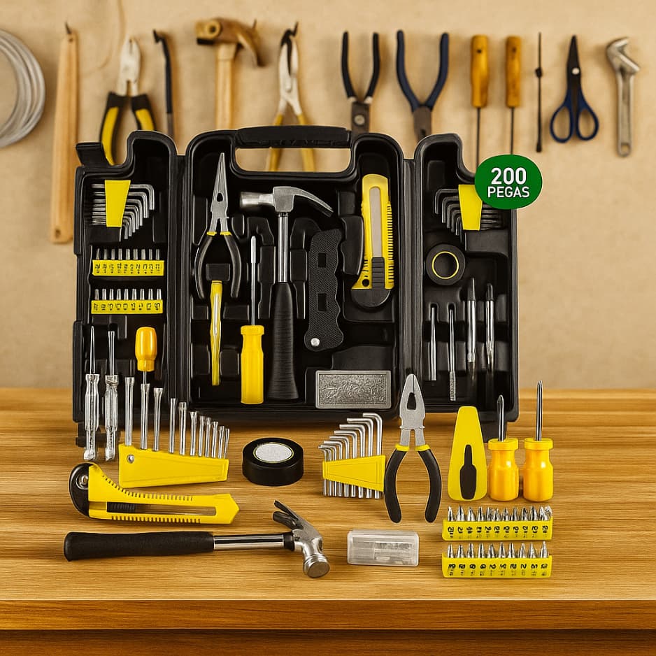 Jogo de Ferramentas 200 Peças com Maleta Preta – Kit Completo com Chaves, Bits, Martelo, Alicate