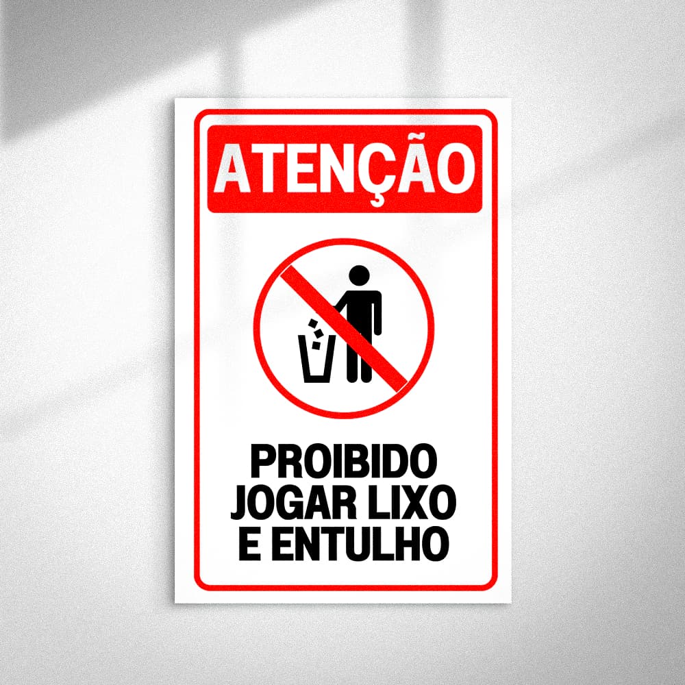 Placa Sinalização Atenção Proibido Jogar Lixo e Entulho 30x20cm MDF 3mm Impressão Alta Qualidade
