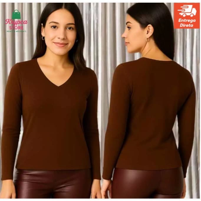 Blusa Feminina Manga longa Segunda Pele Gola V