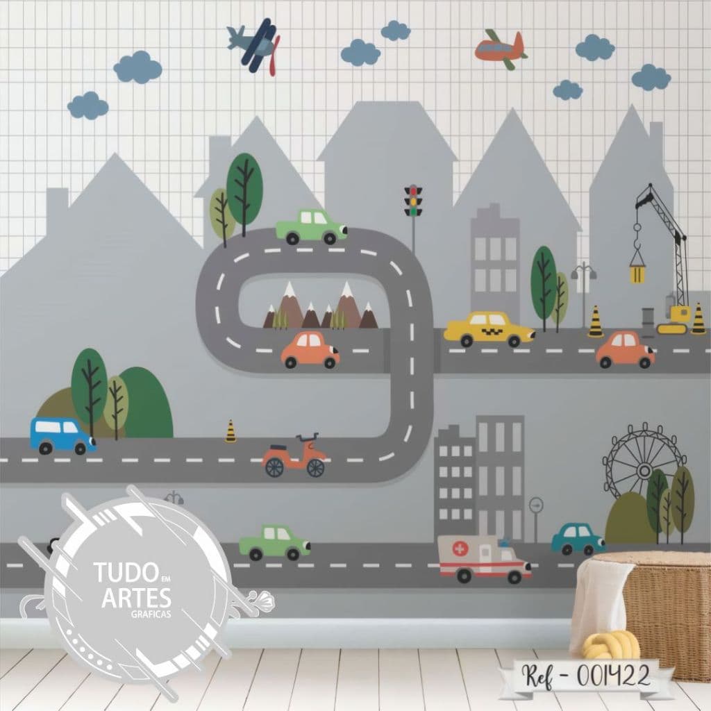 Papel de Parede Infantil Carinhos Carro Adesivo Lavável Facil Aplicação Decoração para Quarto Menino e Bebê