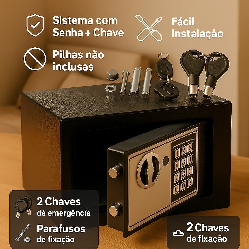 🔐 Cofre Eletrônico Digital em Aço 🔒 Resistente, Anti-Furto com Senha e 2 Chaves de Segurança!