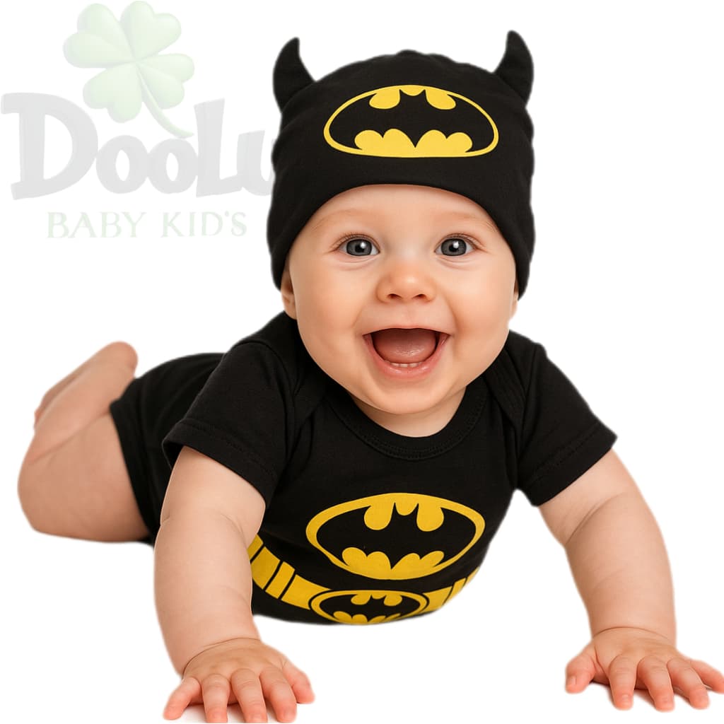 Body de Bebê Batman + Touca Temático Mêsversario Batman Preto