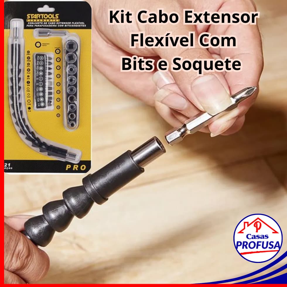 Kit Cabo Extensor Flexível Chicote Prolongador Parafusadeira Conjunto Ponteira Bits Soquete 21 Peças
