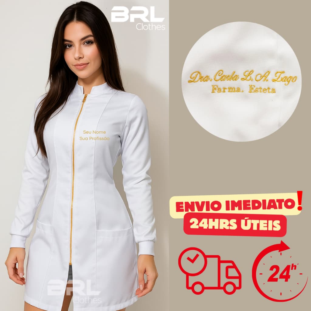 Jaleco Feminino Branco Zíper Dourado Personalizado – BORDADO Nome e Profissão Inclusos SOMENTE ESCRITA – BRASÃO A PARTE.