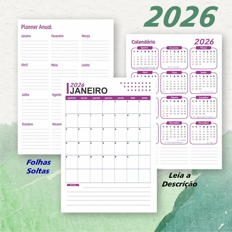 Planner Mensal Vertical 2026 - 14 Folhas A4 - Agenda Organizador de cronograma