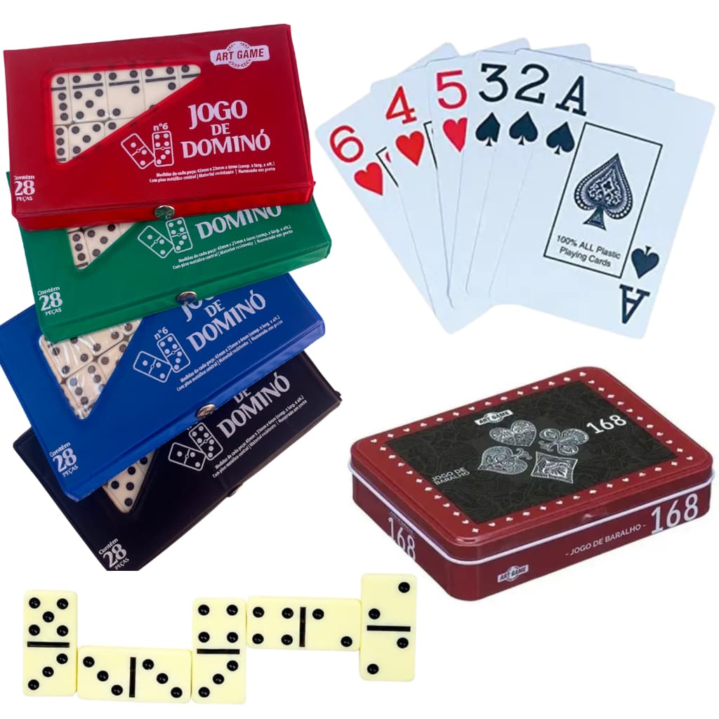 Kit Jogo Domino de osso e Baralho Duplo com Lata Luxo
