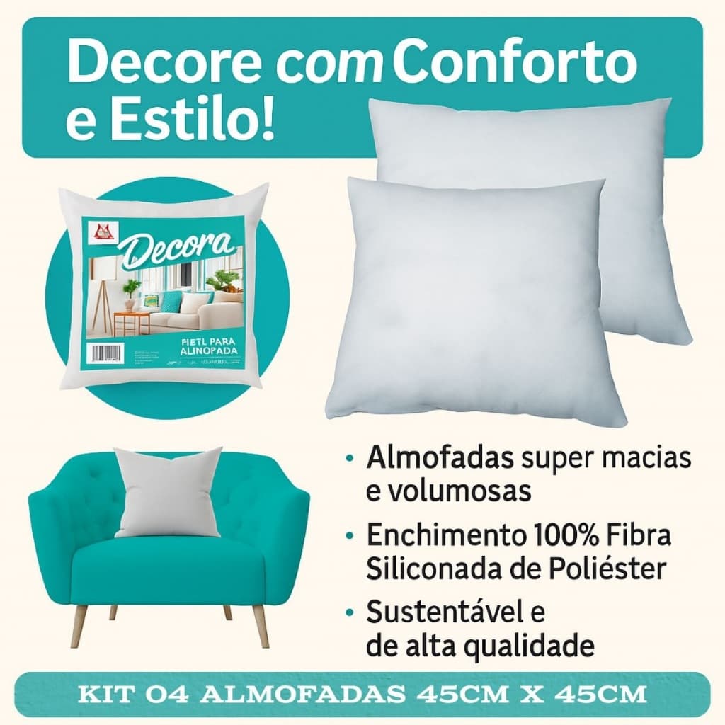 Kit 04 Almofadas 45cm x 45cm Refil Cheio Fibra Siliconada