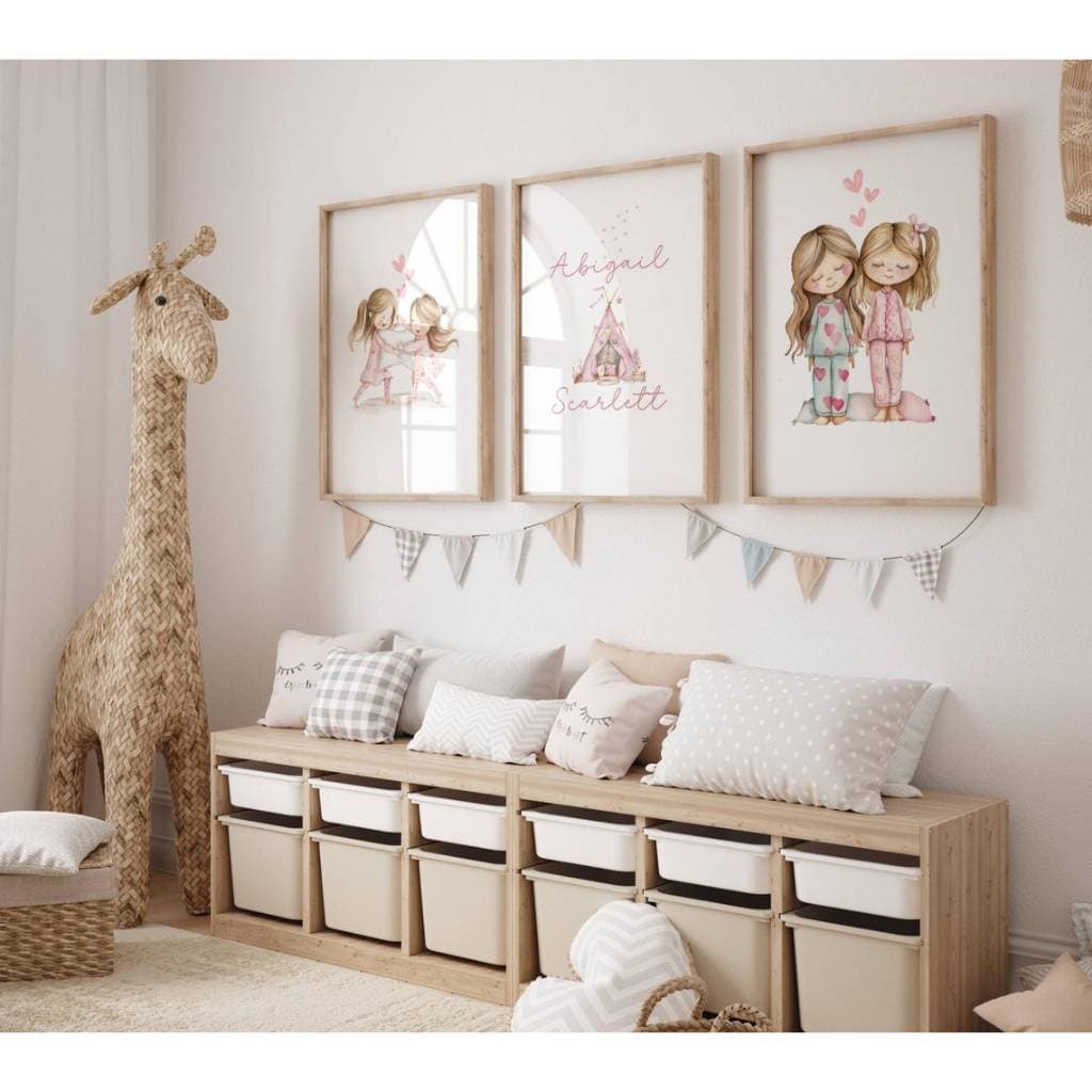 Kit 3 Quadros Quarto Irmãs Personalizado com Nome Moldura Menina Quarto