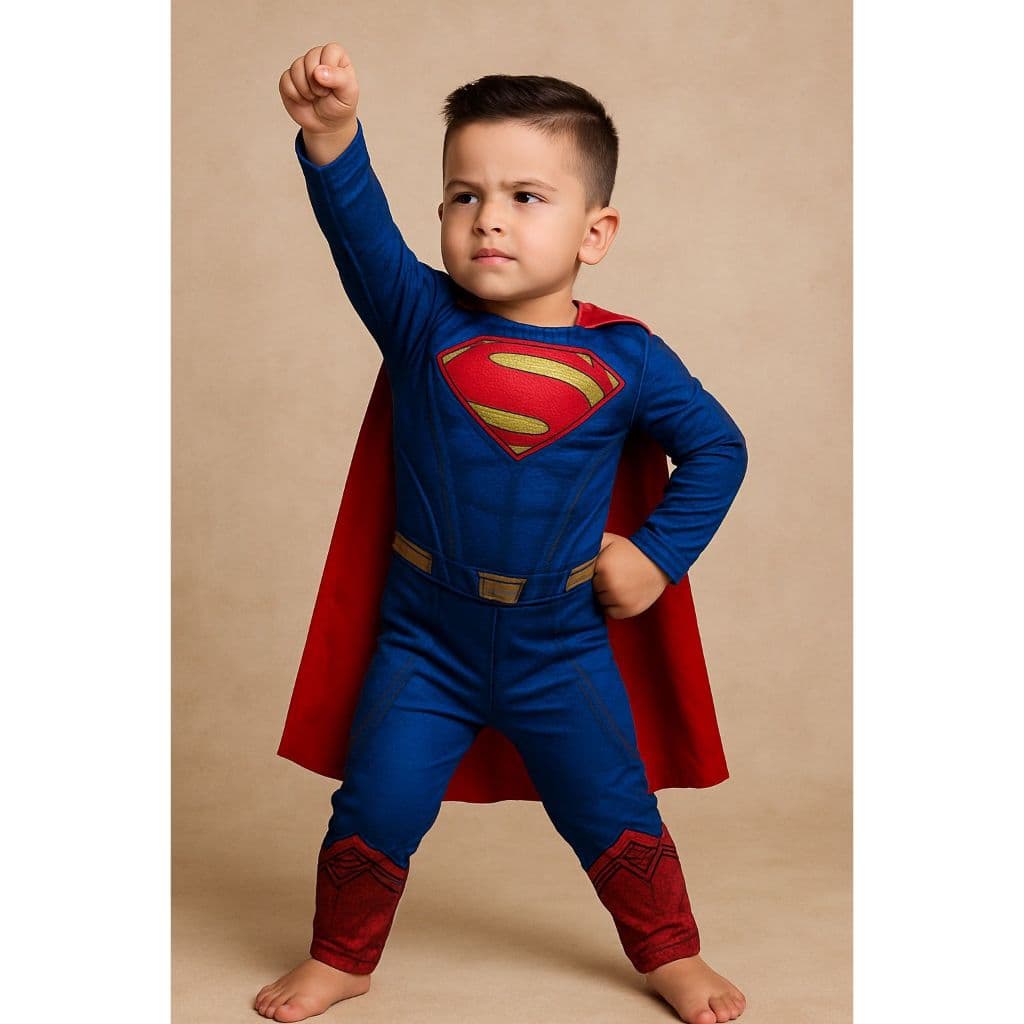 Fantasia Infantil Menino Superman longa com Enchimento e MáscaraLiga da Justiça