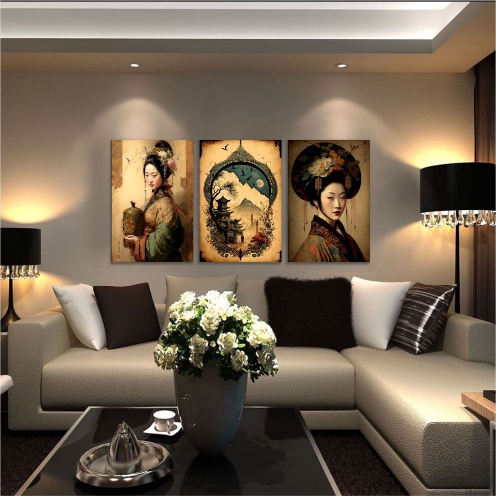 Quadro Decorativo Gueixa Oriental Mulher Japonesa Quarto 3 pç