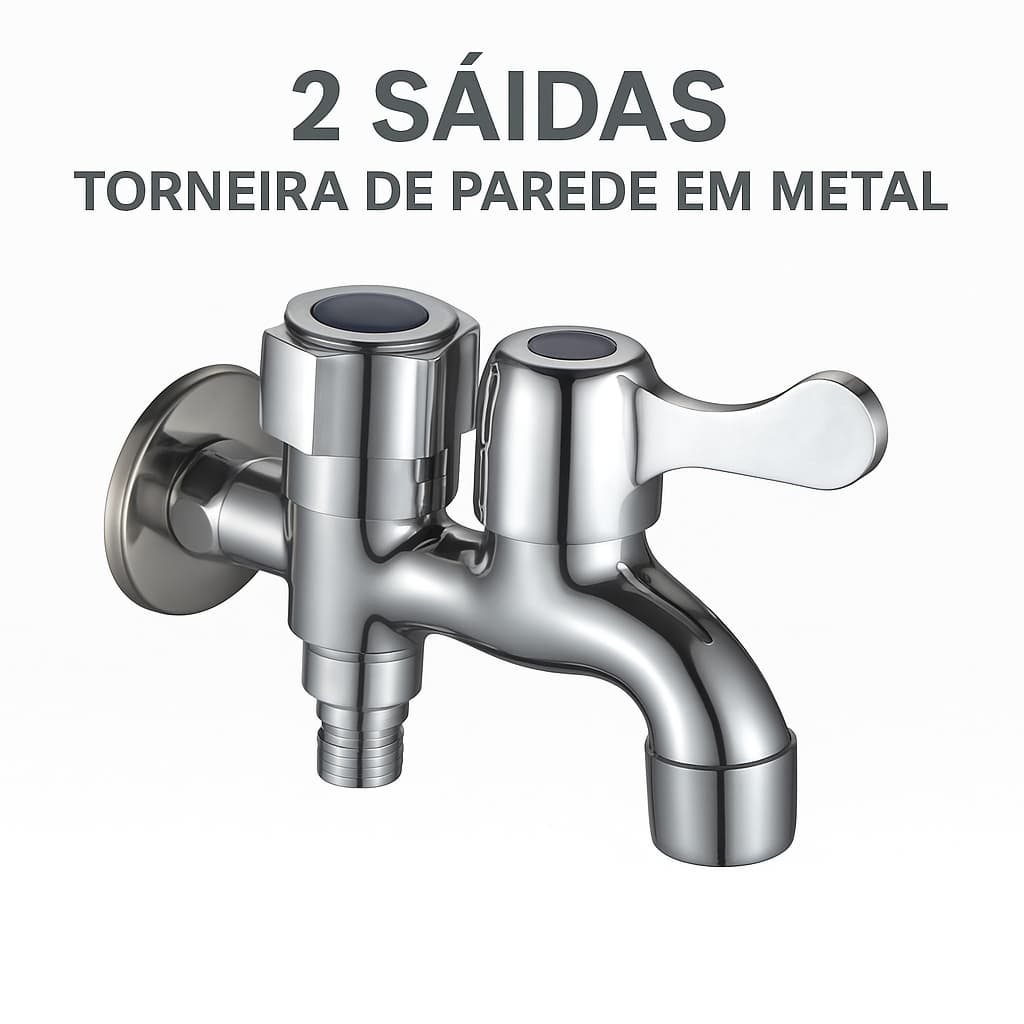 Torneira de Parede 3/4 Dupla Saída Metal Cromado Jardim Tanque