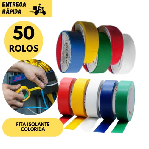 Kit 50 Rolos Fita Isolante 5 Metros Colorida  Elétrica Automotiva e Uso Geral Elétricos e Domésticos