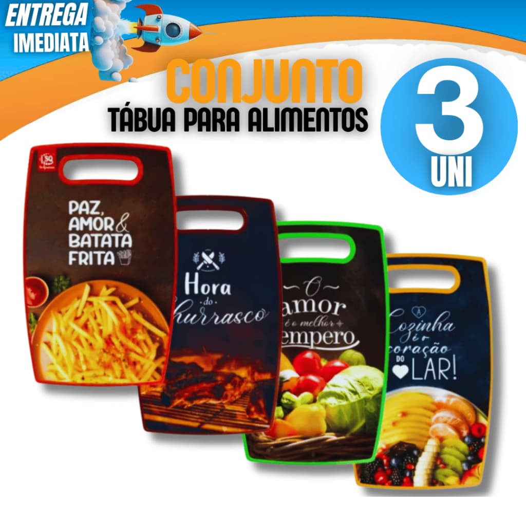 Conjunto Kit 03 Tabua de Carne Estampada Versátil para Cortes de Carnes Frios e Frutas Churrasco Variáveis Utilidades