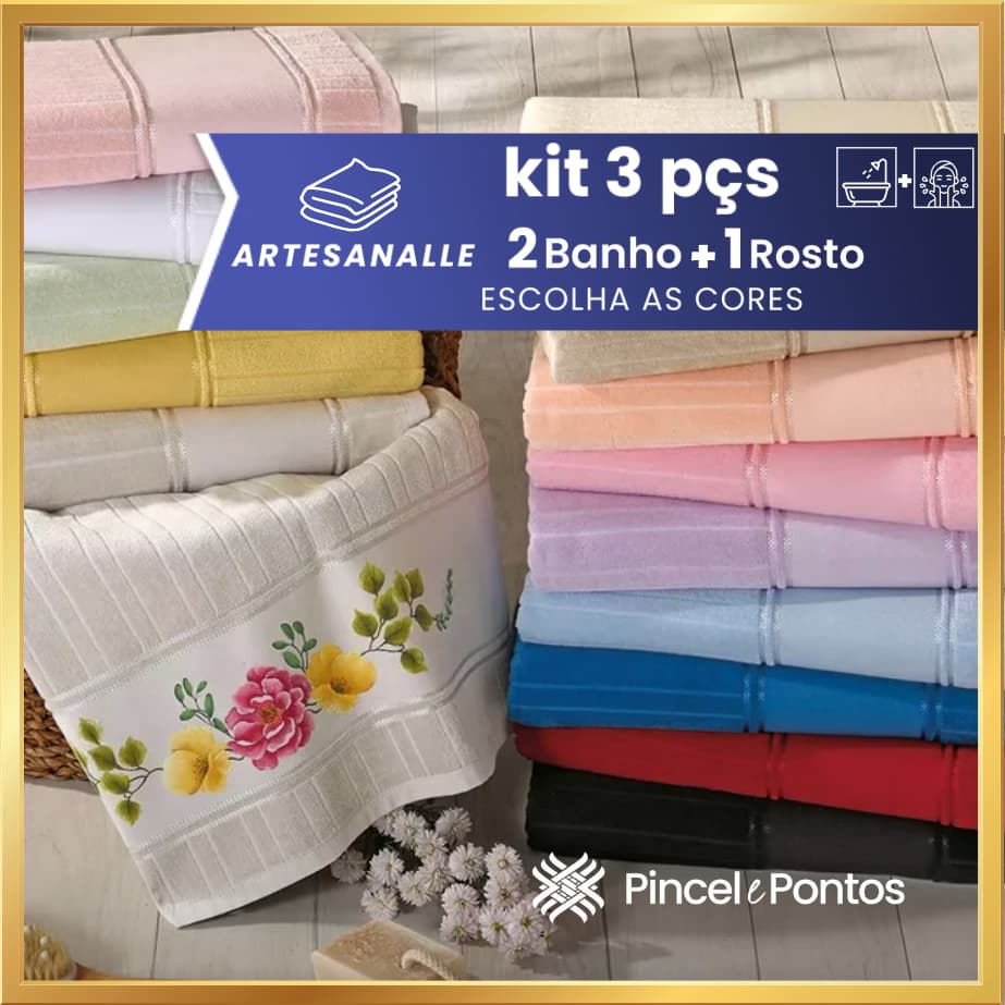 Jogo de Toalhas Artesanalle Döhler 2 Banho + 1 Rosto | Pintar e Bordar à Máquina | Kit Compacto