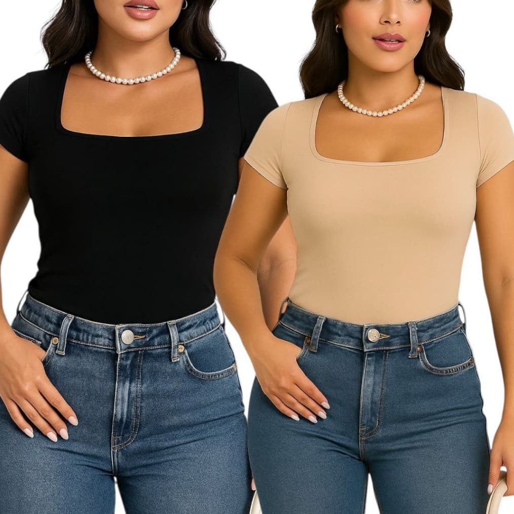 Blusa Feminina Gola Quadrada Manga Curta Justa Básica