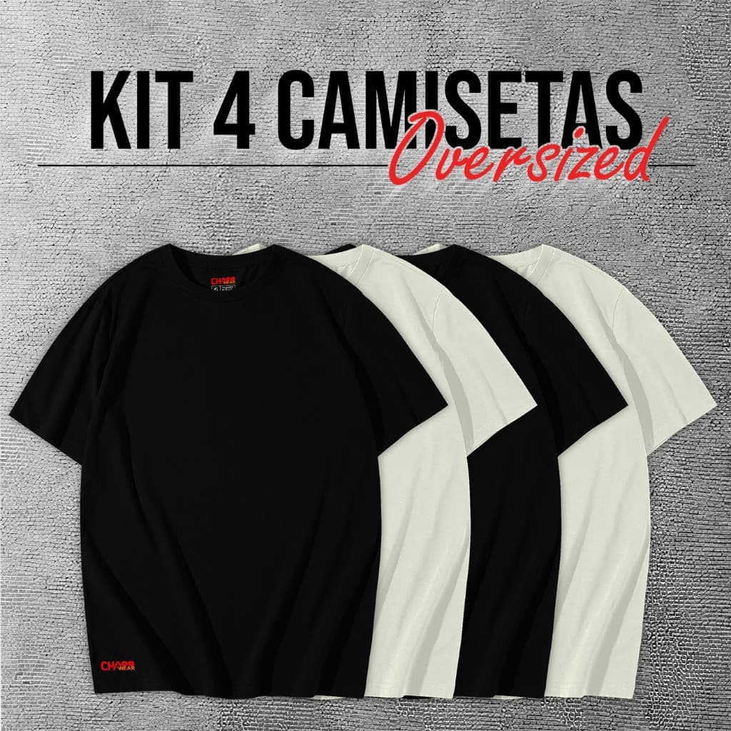 Kit 4 Camisetas Oversize Lisa 100% Algodão Masculina Preto ou Branco Básica Confortável T-shirt