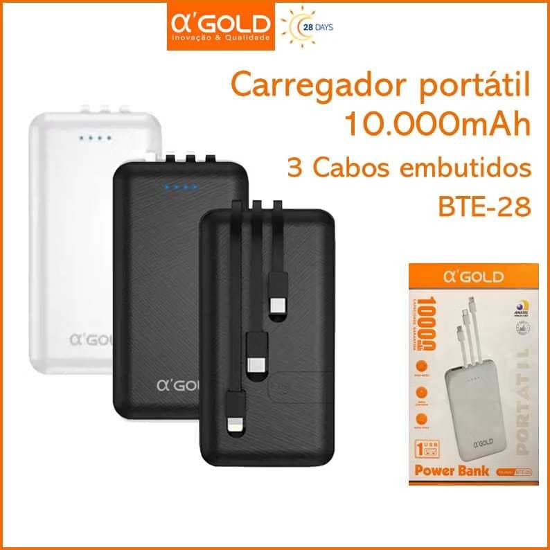 Bateria Portátil Power Bank 10.000mAh com Cabo Embutido A'GOLD BTE-28
