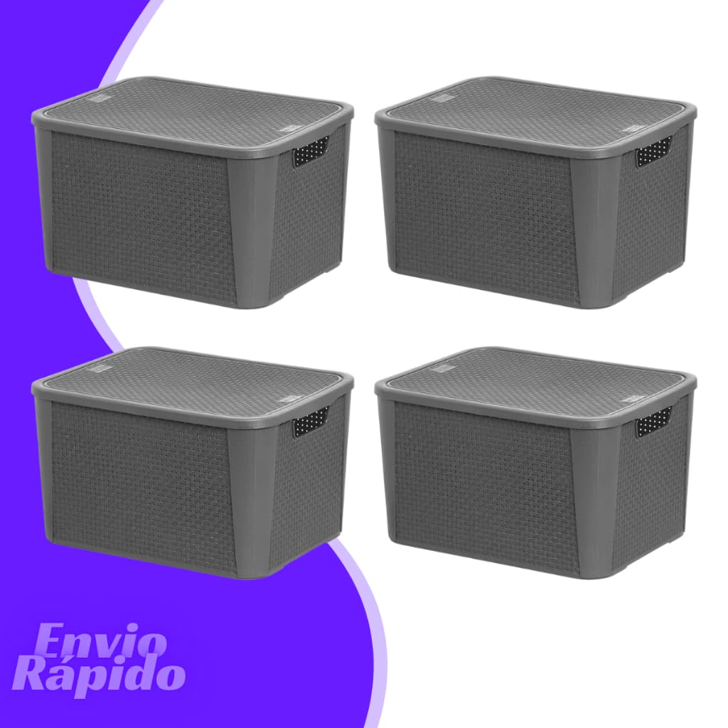 4 X Caixas Organizadora Rattan C/ Tampa 40 Litros Colorida Cesto Multiuso Organizador Casa Brinquedo