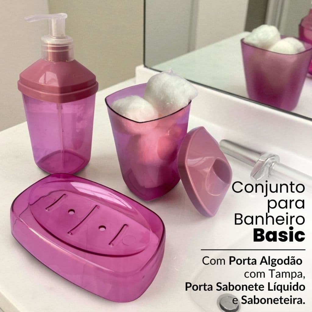 Kit Banheiro Basic em Pálastico com Porta Algodão e Cotonetes, Sabonete Líquido 280 ml e Saboneteira