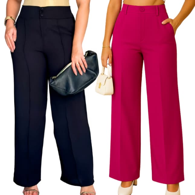 Calça Feminina Pantalona Wide Leg Duna com Botão Bolso Cintura Alta Elástica Premium