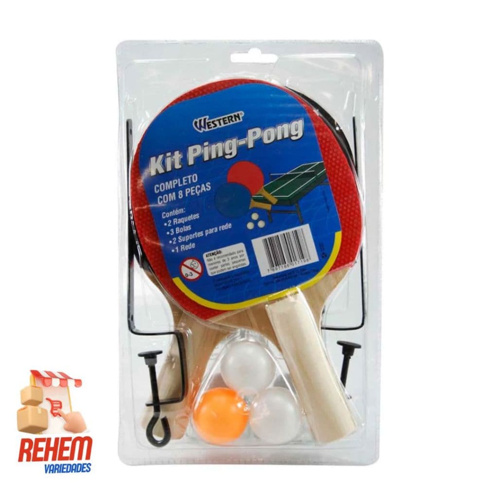 Kit Ping Pong (2 Raquetes, 3 Bolas, 2 Suportes para Rede e 1 Rede) - Western