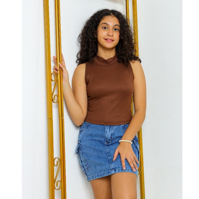 Conjunto Teen Estilosa - Blusa Canelada + Saia Jeans Cargo Marmorizada Tam. 8 ao 16