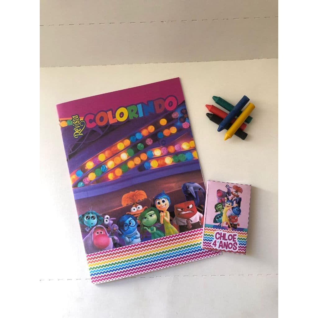 10 Revista de Colorir Personalizadas Lembrancinha Festa Divertidamente com Mini Giz de Cera 5 cores