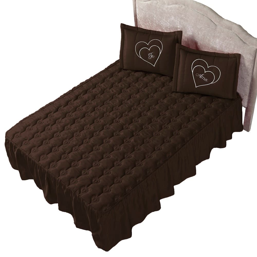 Kit Cobre Leito Colcha Casal Te amo Bordado 3 Peças Cores Variadas na oferta e promo