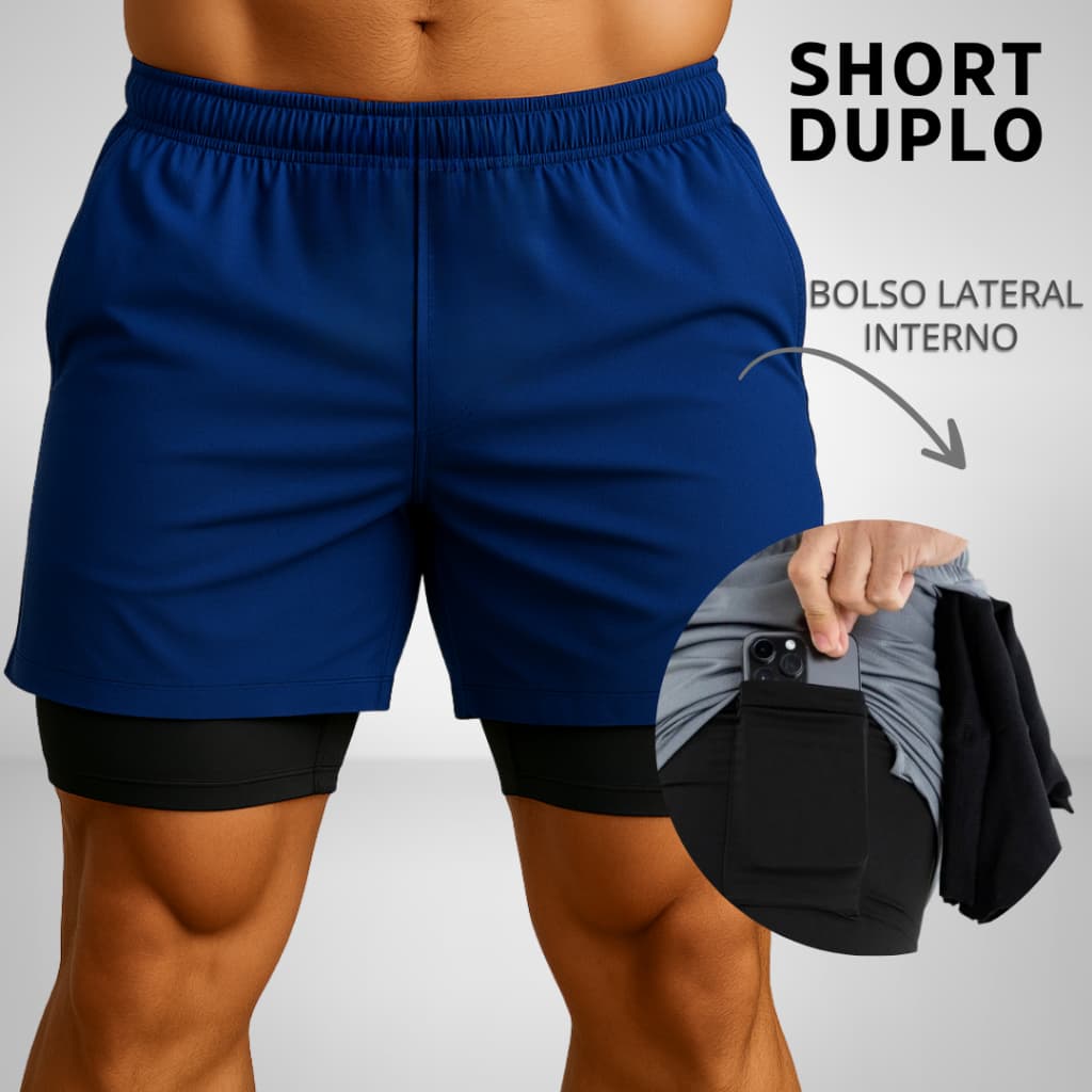 Shorts Masculino Duplo 2 Em 1 Para Corrida Academia Treino Bolso Interno