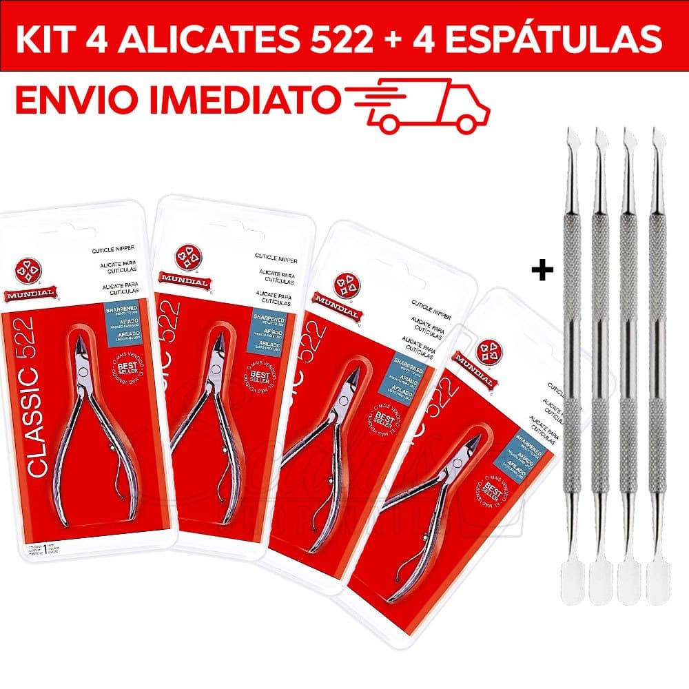 Kit Alicate Unha Cutícula 522 Mundial + Espátula Inox Profissional