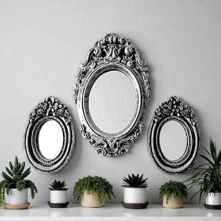 Trio de espelhos na cor prata envelhecido para decoração, Kit com 3 unidades de espelho