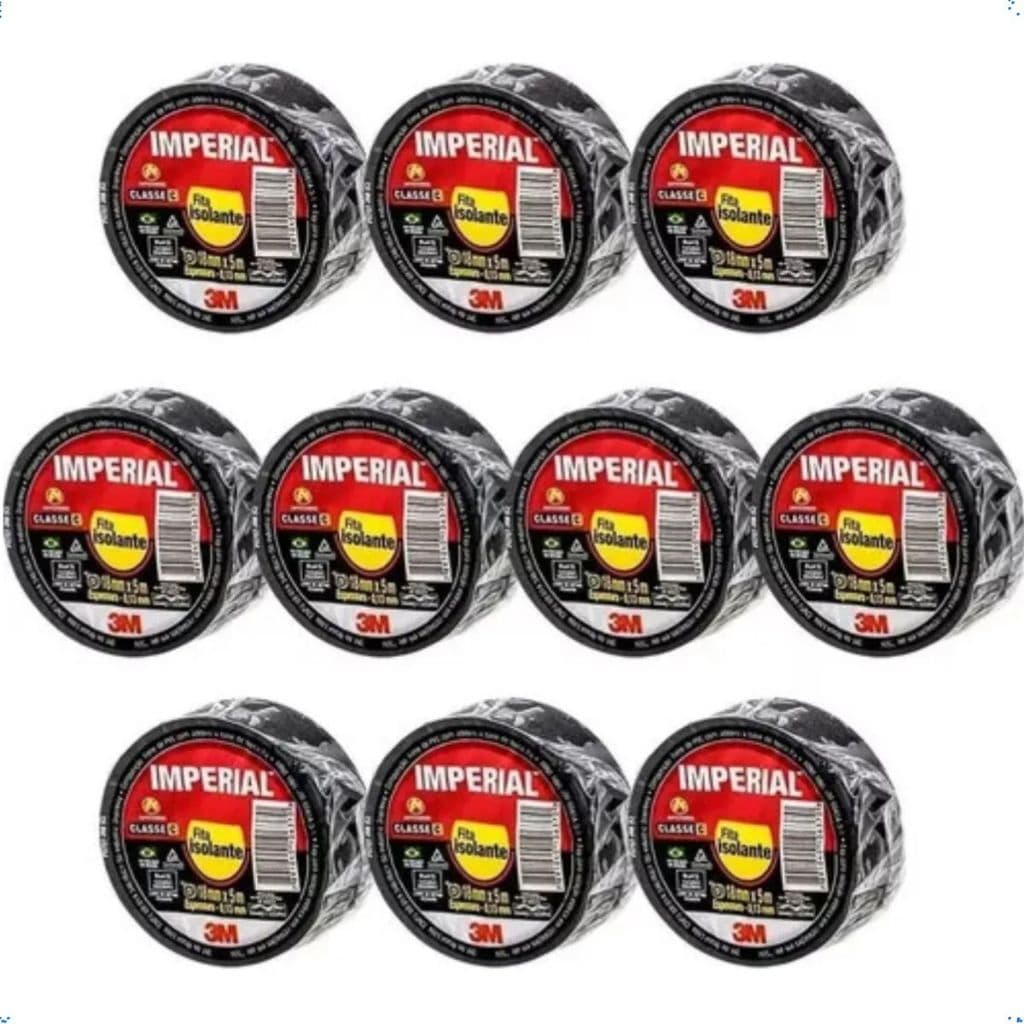 Fita Isolante Imperial 3m Slim Preta 18mm X 5m Kit Com 10 Unidades