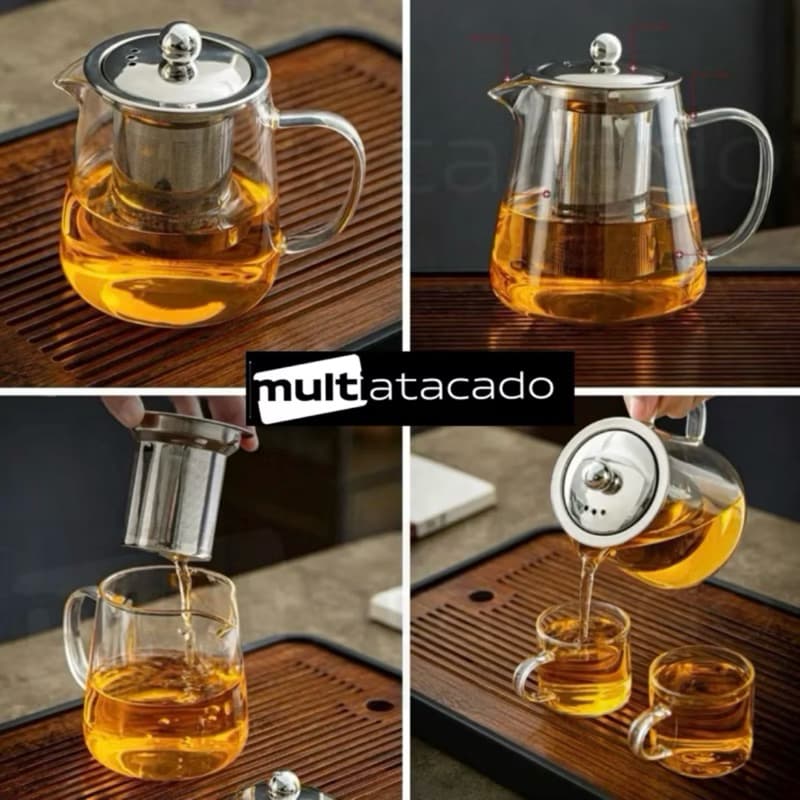 Chaleira Bule Vidro Inox 500 ml  Com Infusor Chá 500 ml , Chaleira de Vidro para Chá Com Infusor