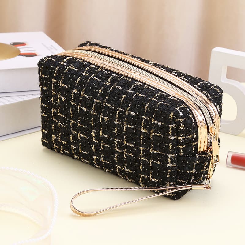Estojo Necessaire Bolsa Maquiagem Tweed com Alça Compacta e Versátil para Viagem ou Uso Diário