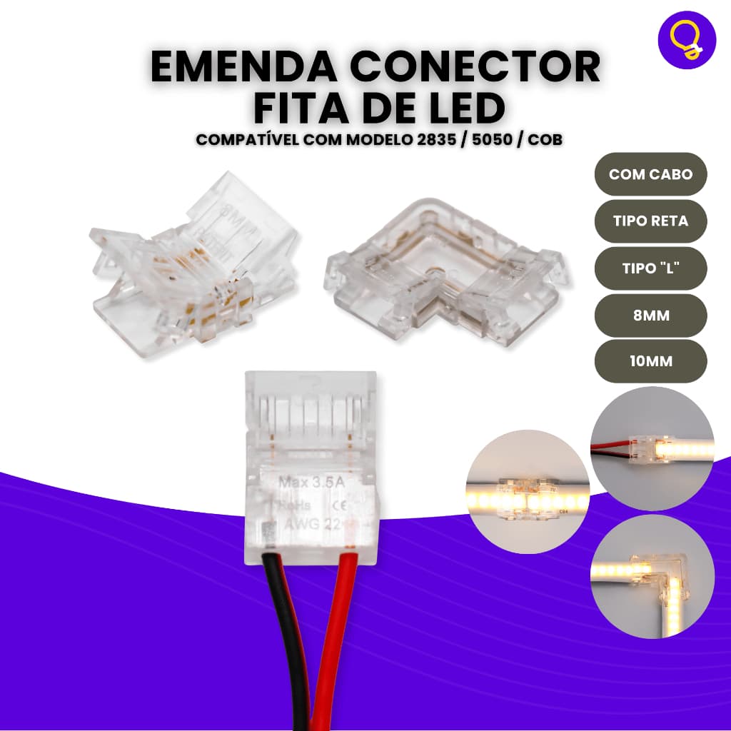 Kit 10 Conector Emenda p/ Fita Led 12V IP20, Com Fio, Reta ou 90° L 60L/120L/240L/Cob 8 e 10mm