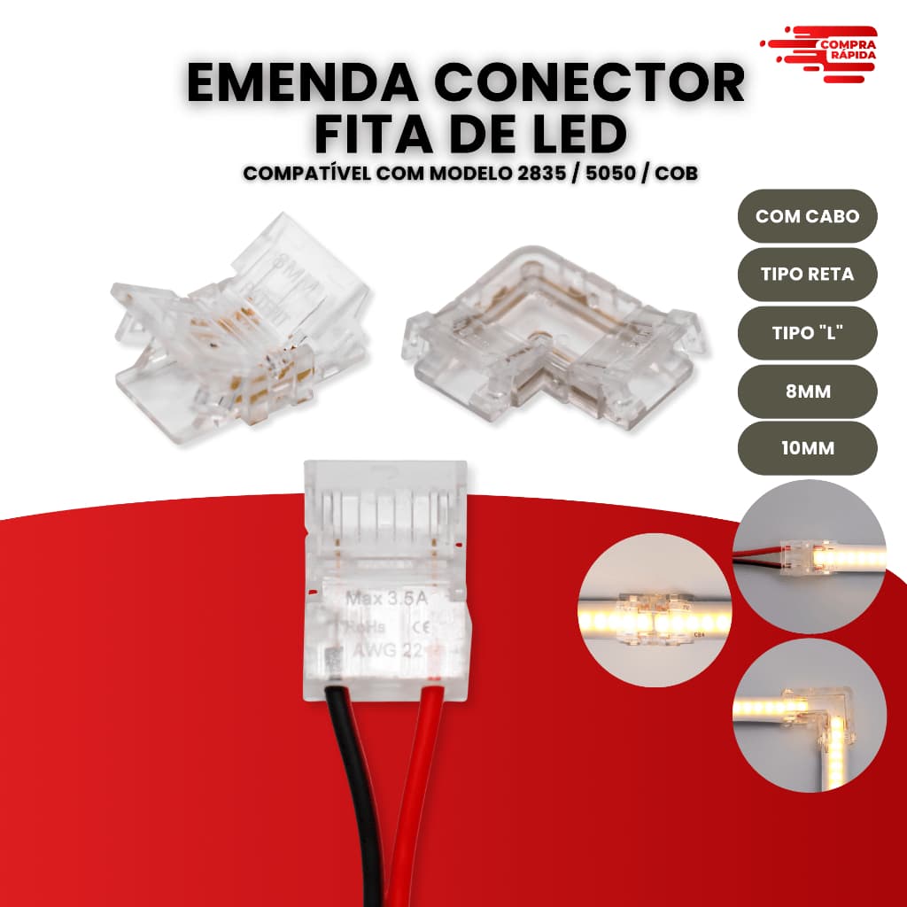 Kit 10 Conector Emenda Com Fio, Reta ou 90° L p/ Fita Led 12V IP20 60L/120L/240L/Cob 8E10mm
