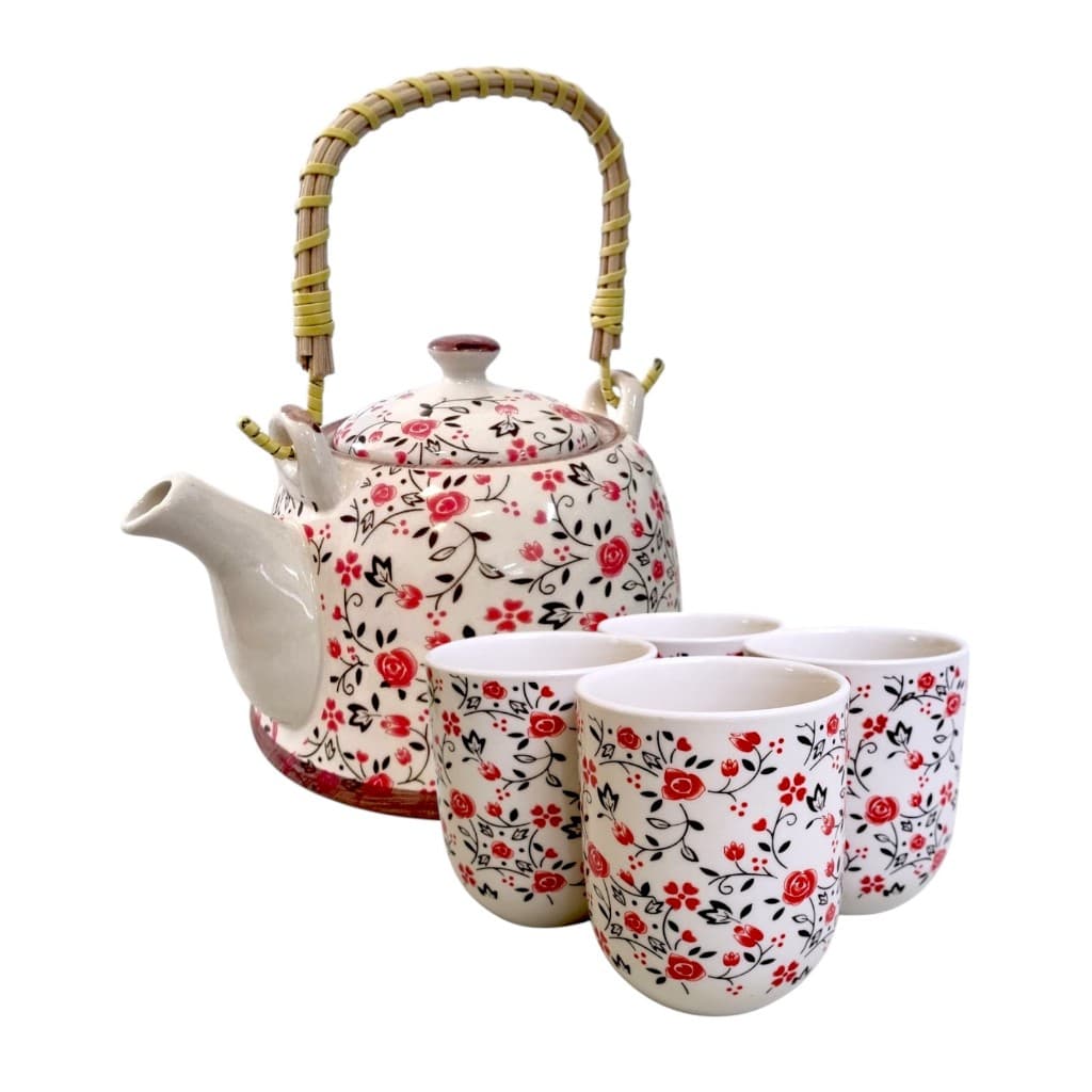 Bule de Chá Com Alça Madeira 4 Copos Xicara Caneca Porcelana