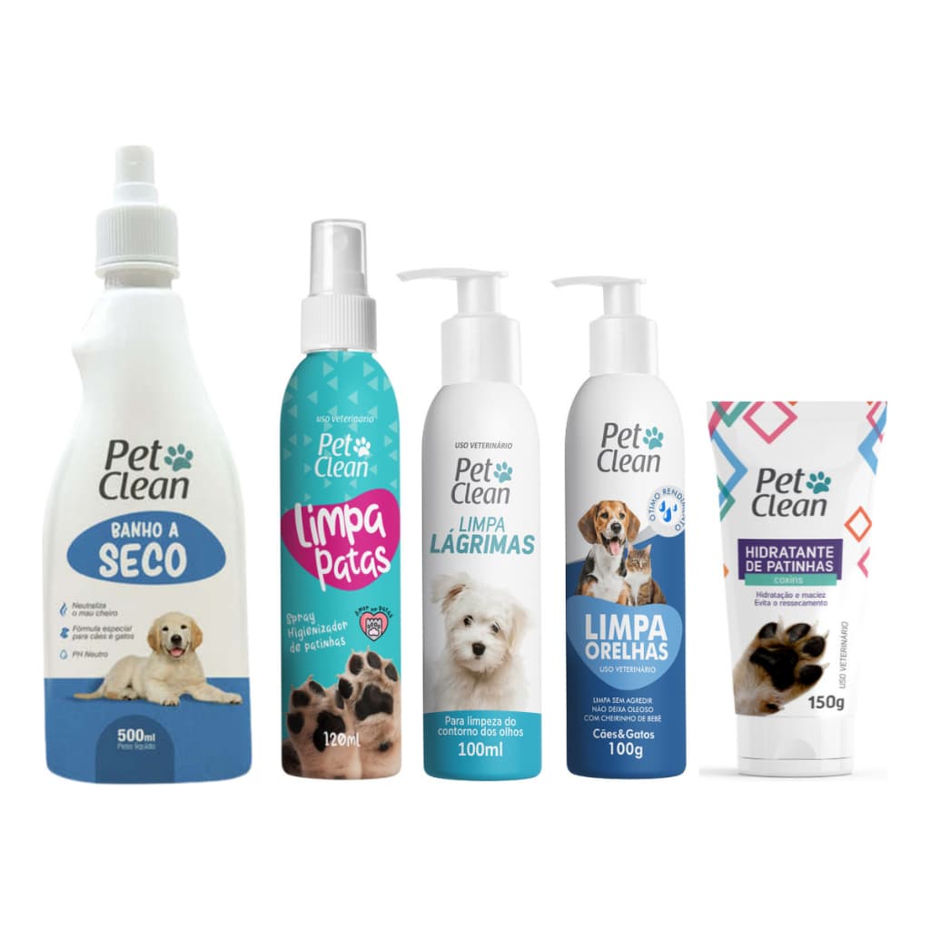 Kit Higiene 5 em 1 Pet Clean: Limpa Patas + Lágrimas + Orelhas + Banho a Seco + Hidratante de Patas