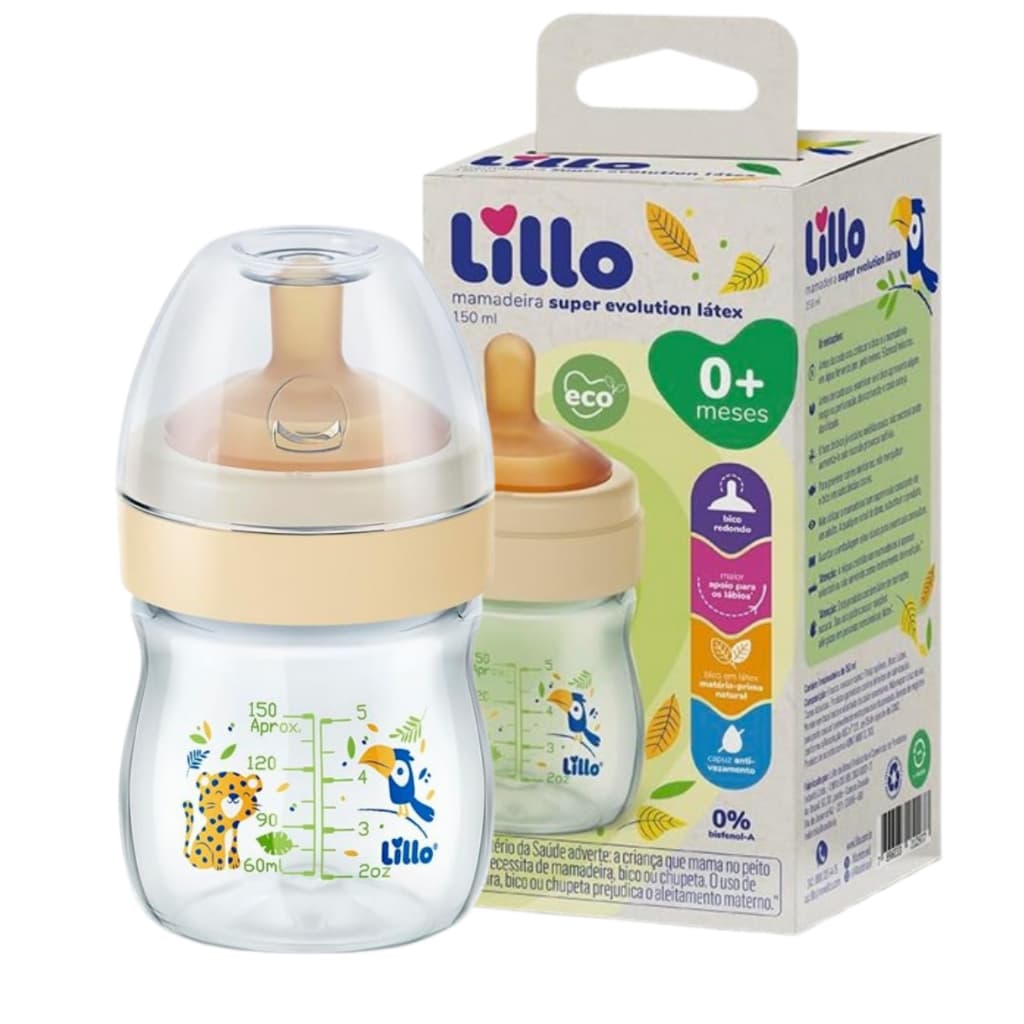 Mamadeira Super Evolution Anticolica Bico Redondo Latex Tampa antivazamento 150mL +0 Meses Lillo