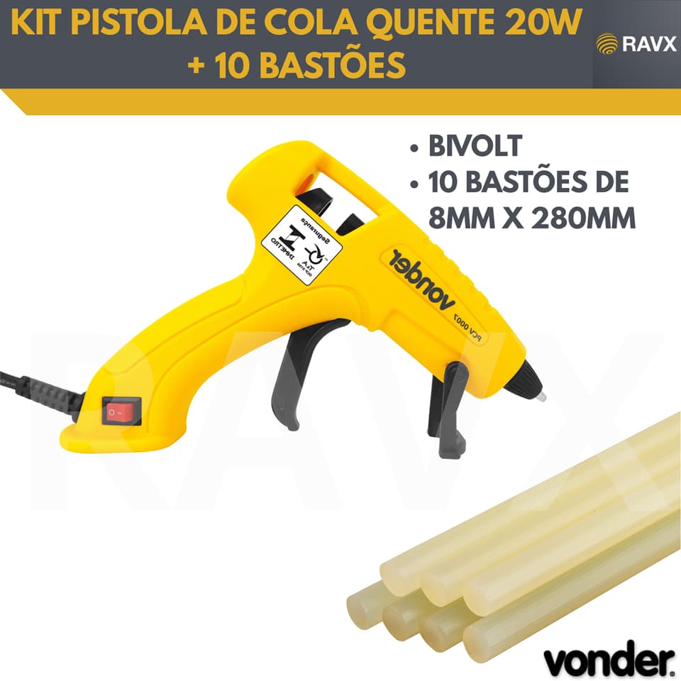 PISTOLA DE COLA QUENTE PCV0007 VONDER + 10 BASTOES COLA 8X280MM VONDER
