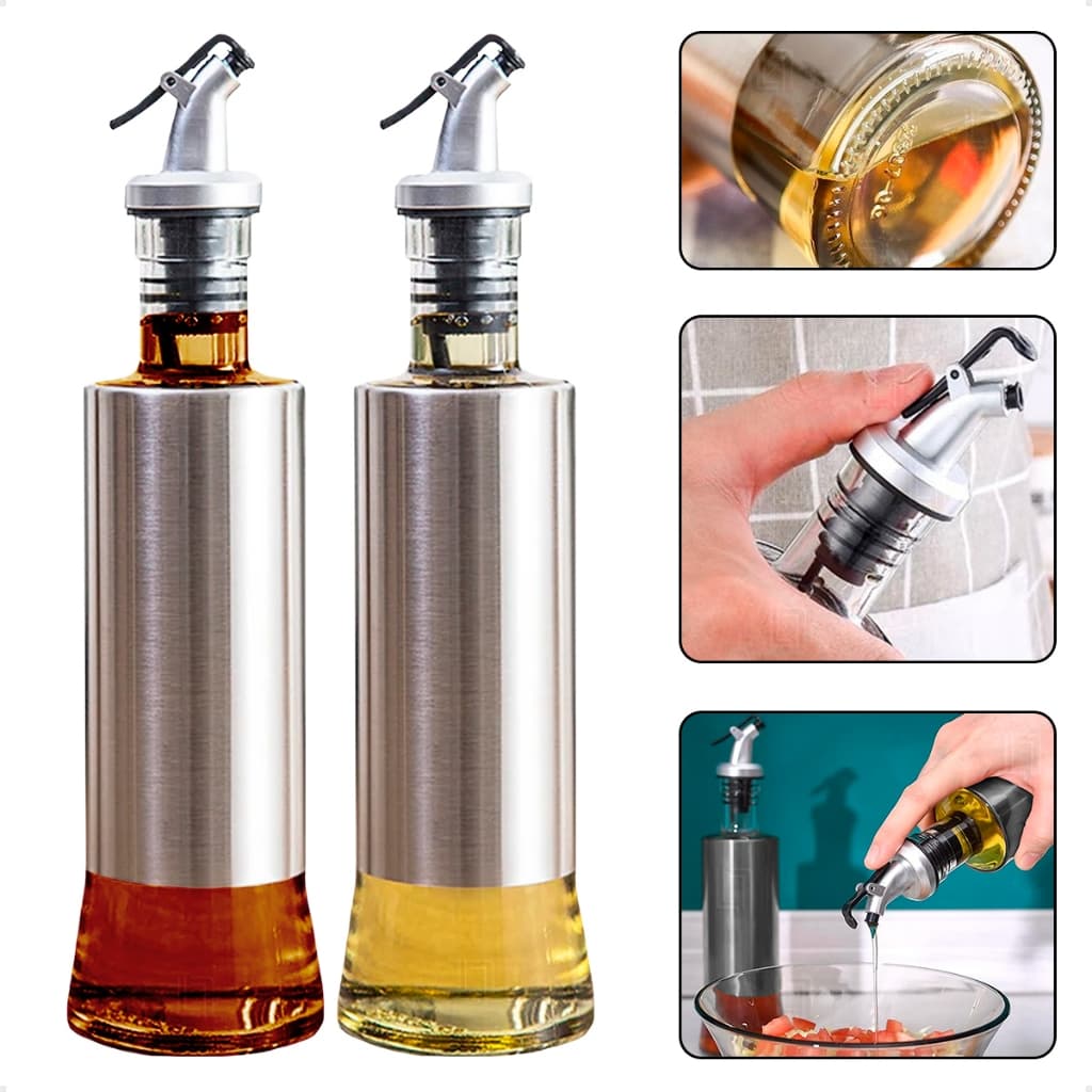 Kit 2 Galheteiro Porta Azeite Vinagre Oleo Garrafa Dosadora Inox Vidro Bico Dosador 300ml