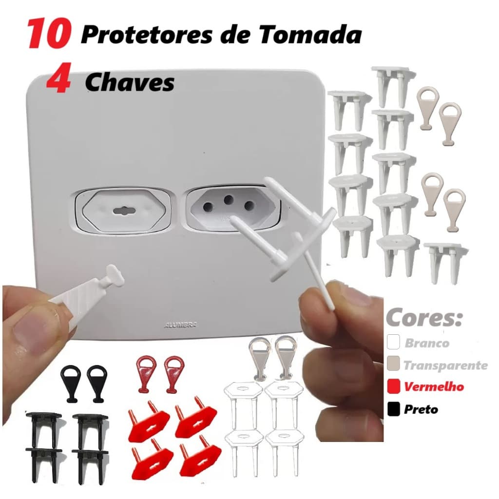 10 Protetores de Tomada  e 4 Chavinhas Segurança bebê Cores