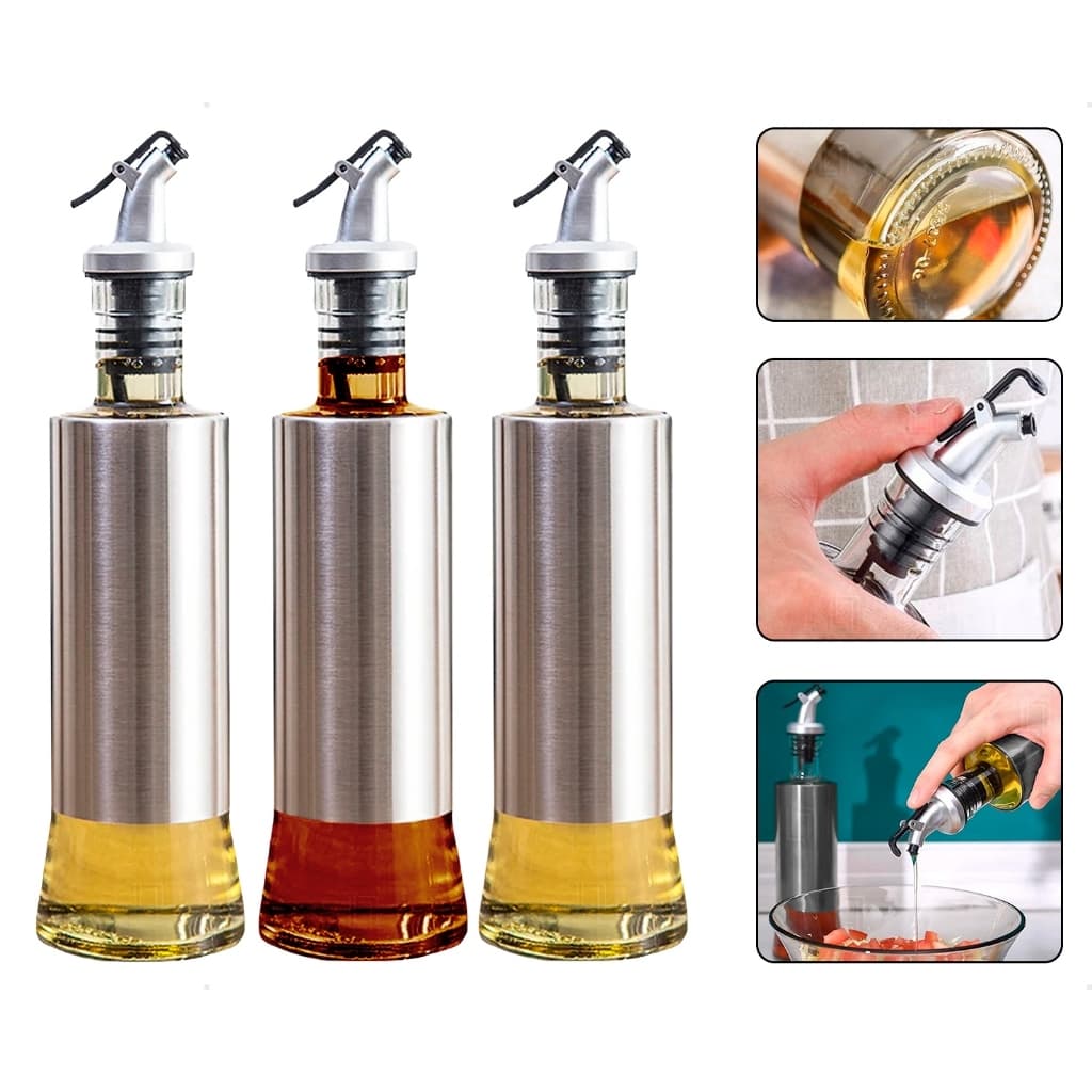 Kit 3 Galheteiro Porta Azeite Vinagre Oleo Garrafa Dosadora Inox Vidro Bico Dosador 300ml