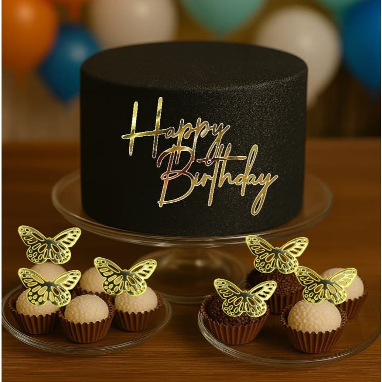 Kit 01 unidades de Apliques para Bolo - Hapy Birthday dourado ou Prata / Apliques com ou sem Tags de Borboletas