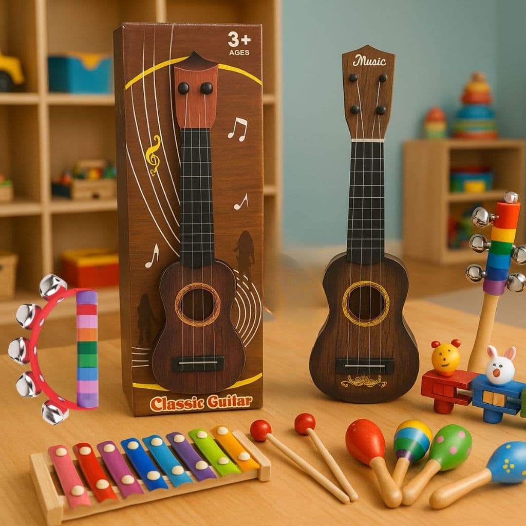 Instrumentos Musical Brinquedo Educativo Xilofone MDF Flauta Catraca Infantil Ukulele Pandeiro Reco