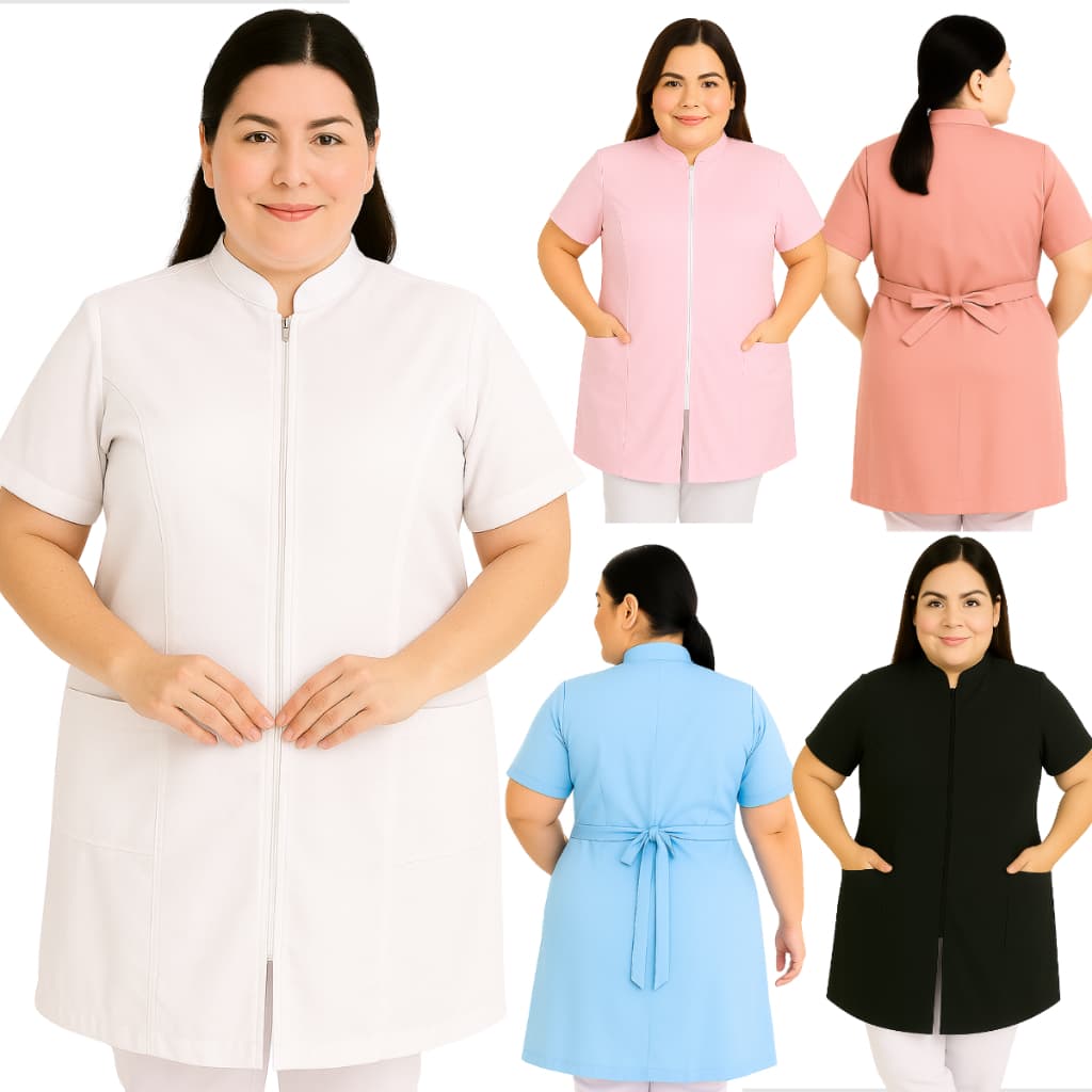 Jaleco Feminino Plus Size Manga Curta com Ziper Acinturado Gola Padre Oxford Profissional Saúde