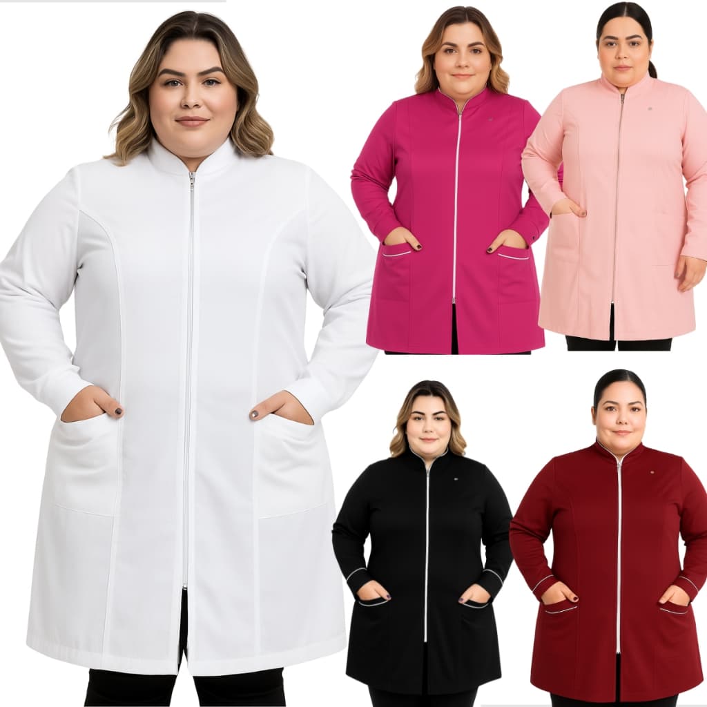Jaleco Feminino Plus Size Two Way Com Elastano Gola Padre com Ziper Profissional Saúde Estética