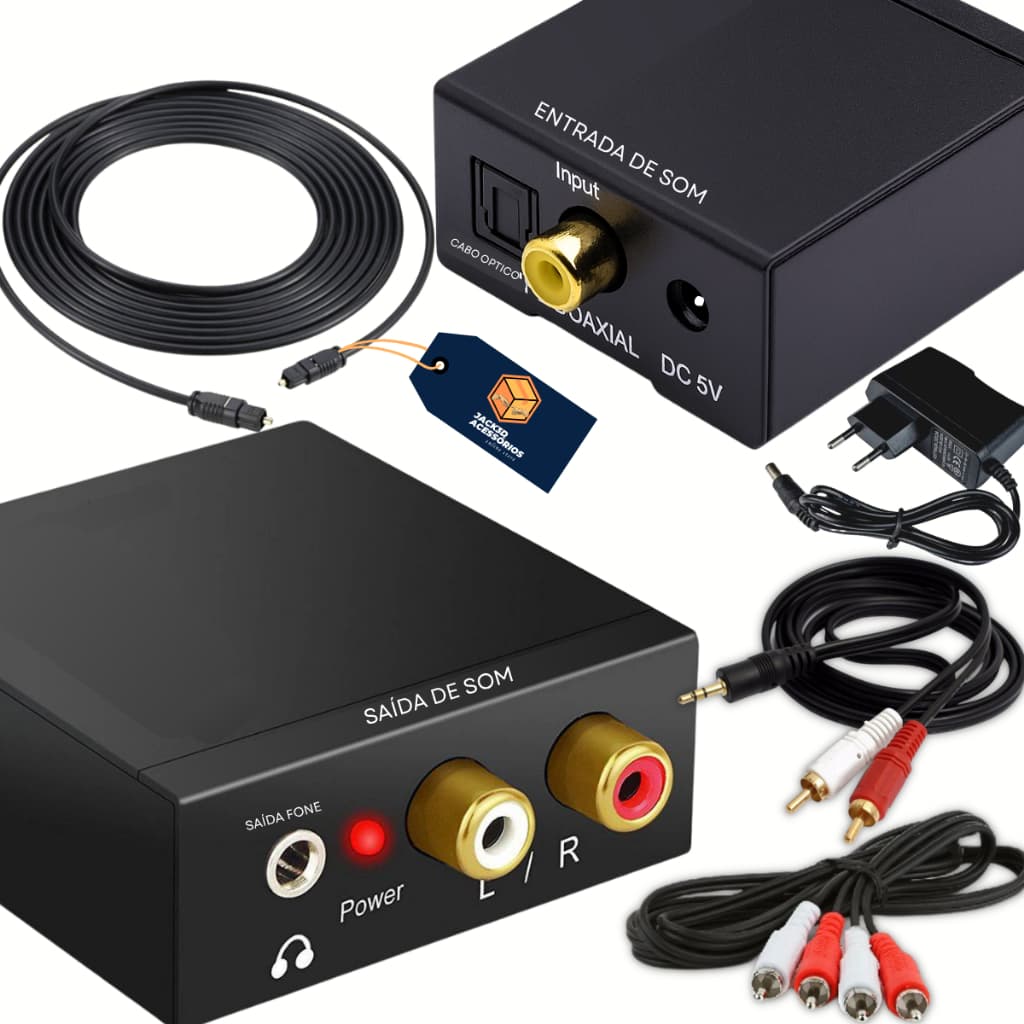 Kit Conversor Audio Digital Cabo Optico + RCA + Auxiliar P2 Smart Tv Home Theater Estereo